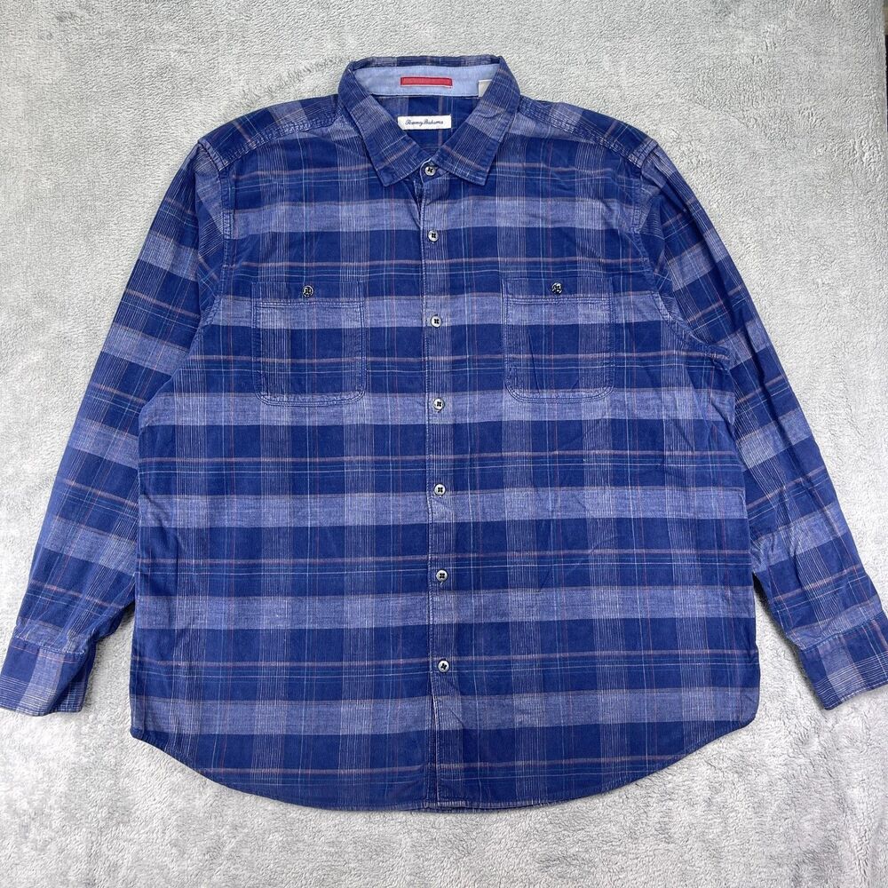 Tommy Bahama Button Up Men XXL Blue Plaid Corduroy Long Sleeve Dual Pocket